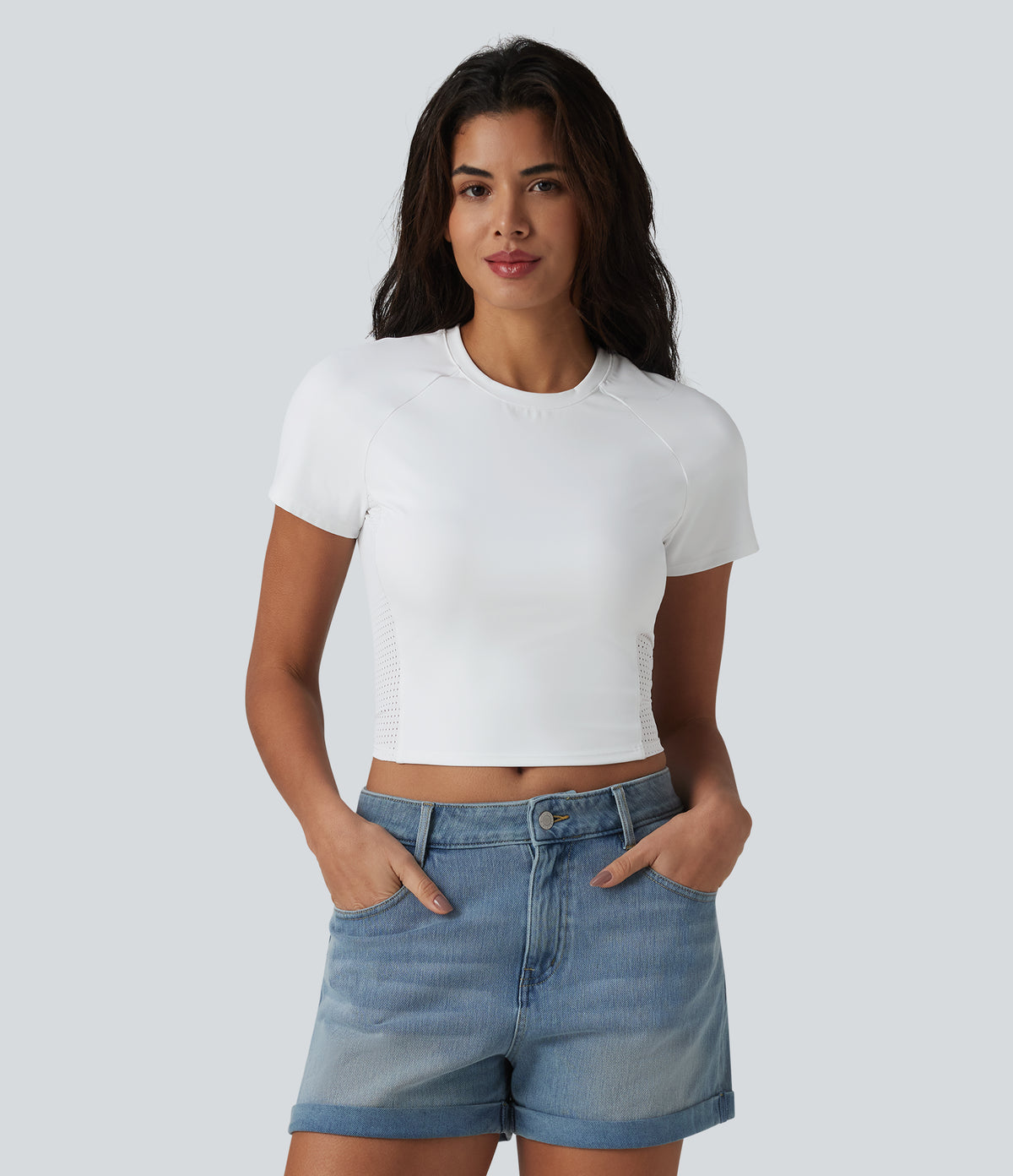 Round Neck Raglan Sleeve Breathable Mesh Casual T-Shirt — White — view 3