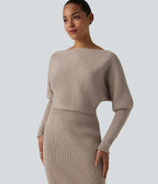 Long Sleeve Midi Casual Jumper Dress — Oatstone Beige — view 6