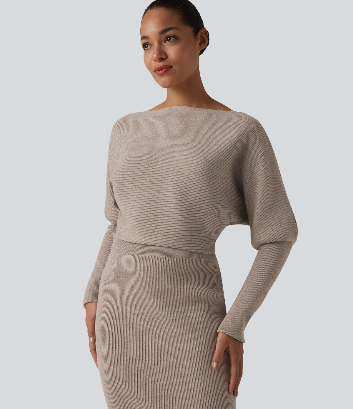 Long Sleeve Midi Casual Jumper Dress — Oatstone Beige — view 6