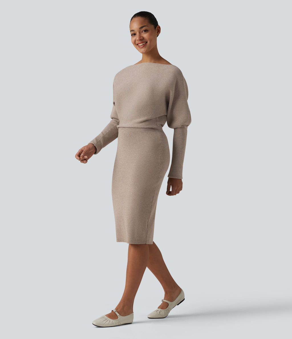 Long Sleeve Midi Casual Jumper Dress — Oatstone Beige — view 3