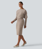 Long Sleeve Midi Casual Jumper Dress — Oatstone Beige — view 3