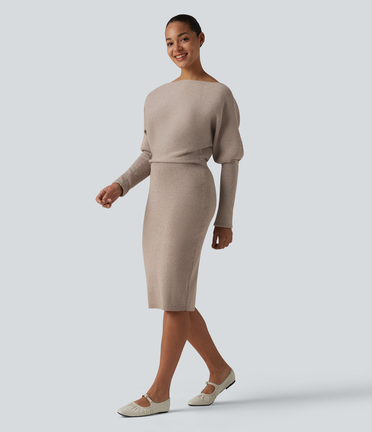 Long Sleeve Midi Casual Jumper Dress — Oatstone Beige — view 3