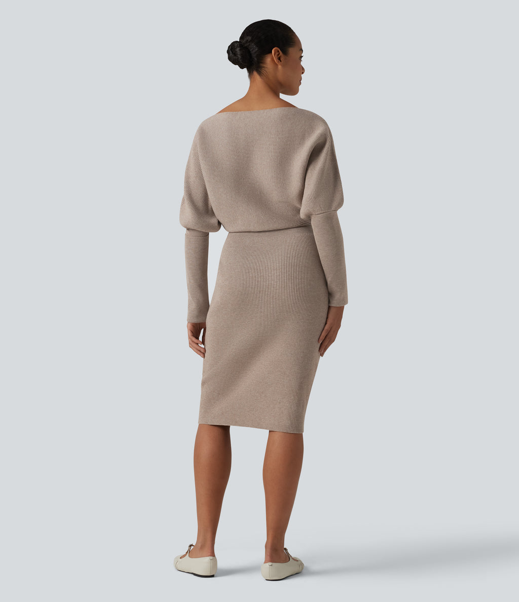 Long Sleeve Midi Casual Jumper Dress — Oatstone Beige — view 2