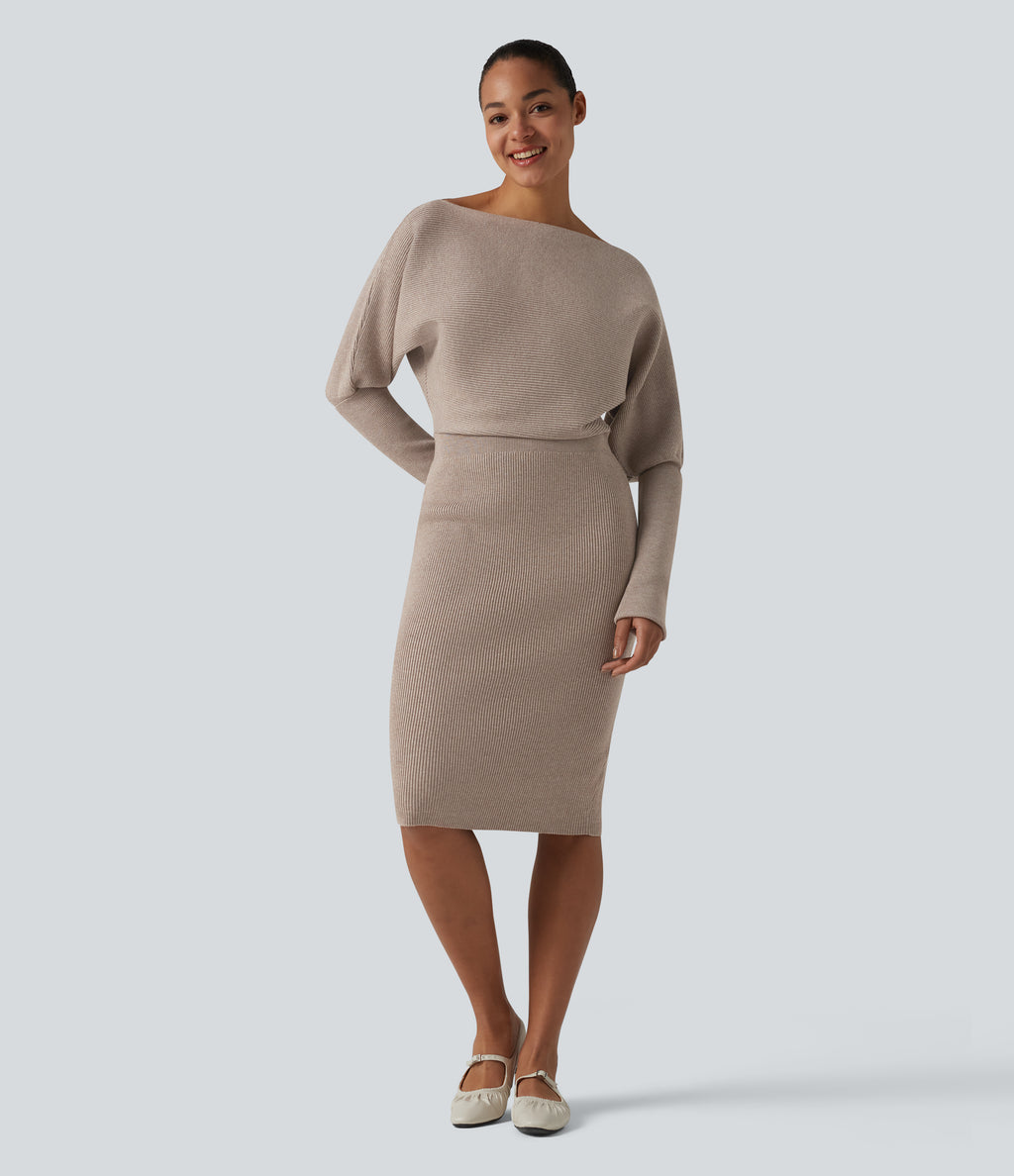 Long Sleeve Midi Casual Jumper Dress — Oatstone Beige — view 4