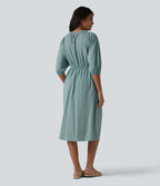 V Neck 3/4 Sleeve Midi Casual Linen-Feel Dress with Pockets — Silverwood Sage — view 2