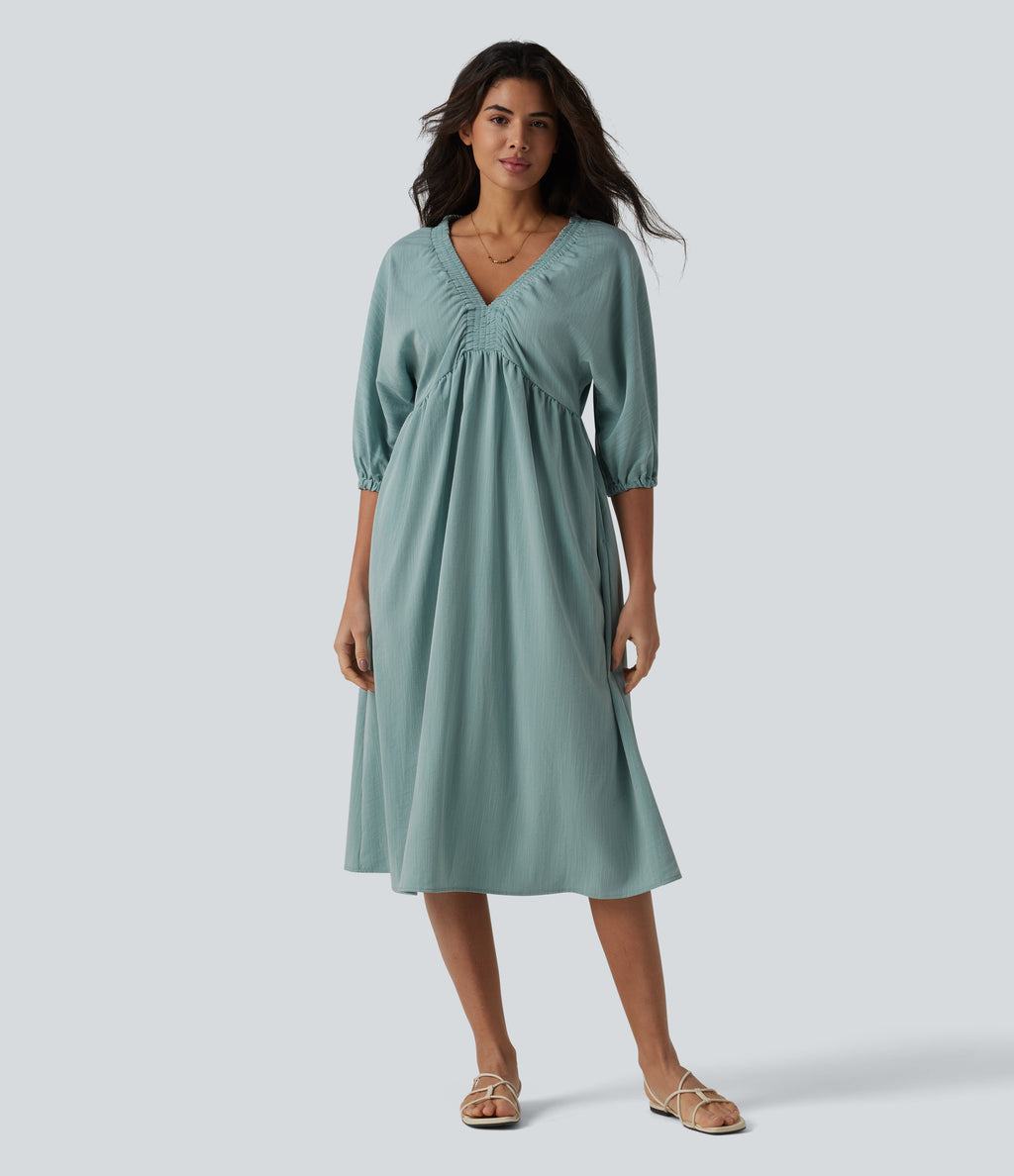 V Neck 3/4 Sleeve Midi Casual Linen-Feel Dress with Pockets — Silverwood Sage — view 3
