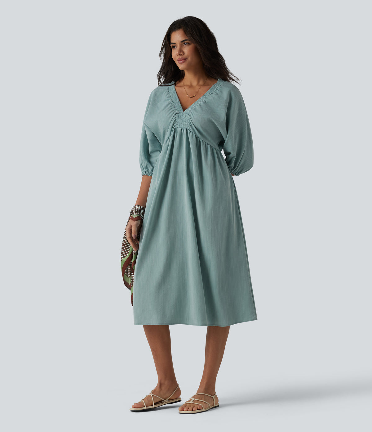 V Neck 3/4 Sleeve Midi Casual Linen-Feel Dress with Pockets — Silverwood Sage — view 6