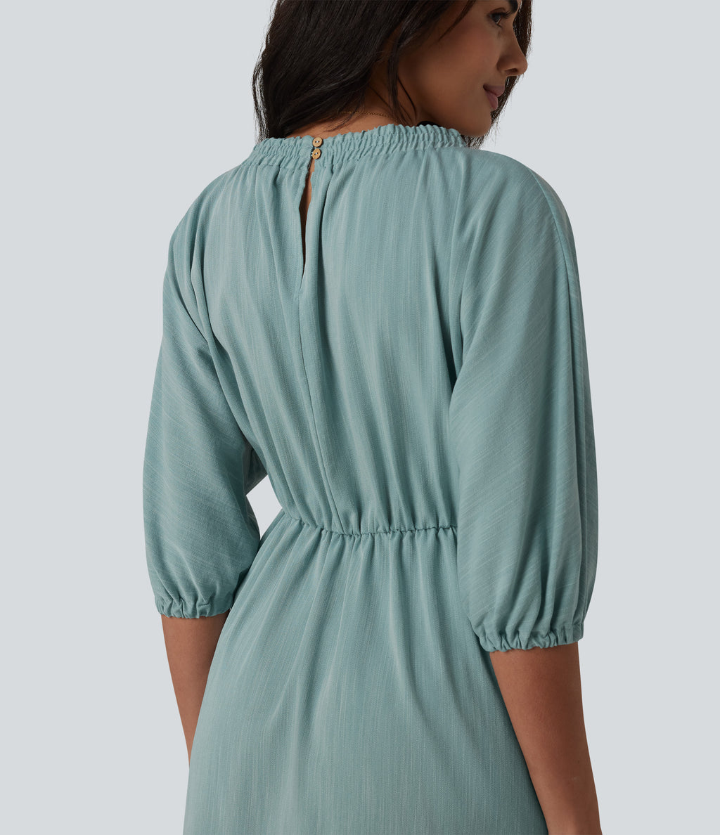 V Neck 3/4 Sleeve Midi Casual Linen-Feel Dress with Pockets — Silverwood Sage — view 5