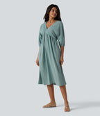 V Neck 3/4 Sleeve Midi Casual Linen-Feel Dress with Pockets — Silverwood Sage — view 1