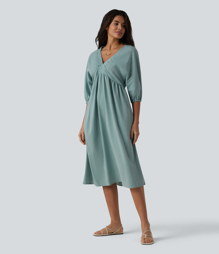 V Neck 3/4 Sleeve Midi Casual Linen-Feel Dress with Pockets — Silverwood Sage — view 1