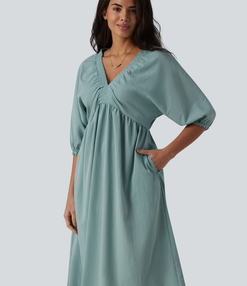 V Neck 3/4 Sleeve Midi Casual Linen-Feel Dress with Pockets — Silverwood Sage — view 4