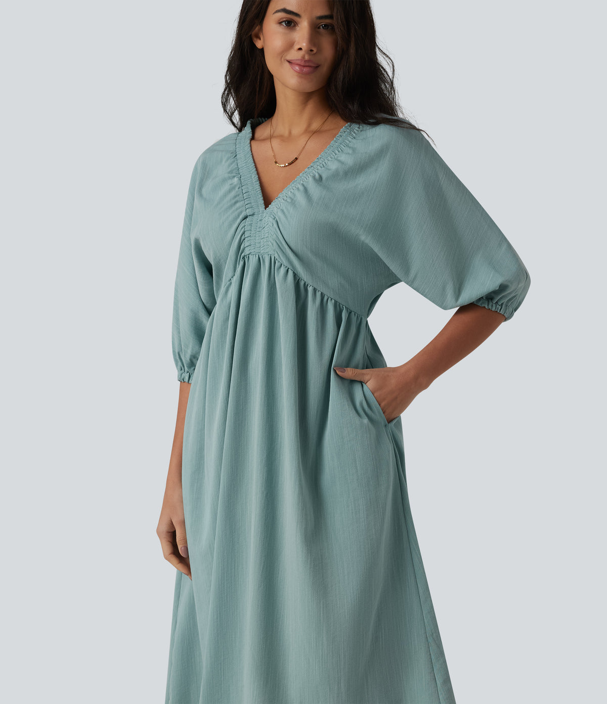 V Neck 3/4 Sleeve Midi Casual Linen-Feel Dress with Pockets — Silverwood Sage — view 4