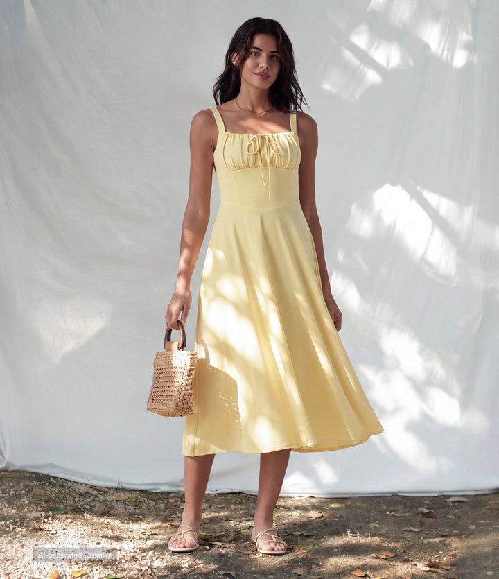 Crisscross Backless Square Neck Sleeveless Ruched Built-in Bra Midi Resort Flowy Milkmaid Dress — Vague Yellow — view 1