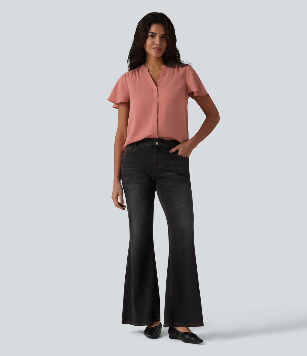 V-neck Flounce Sleeve Curved Hem Casual Blouse — Terra Cotta Pink — view 7