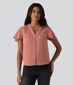 V-neck Flounce Sleeve Curved Hem Casual Blouse — Terra Cotta Pink — view 4