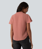 V-neck Flounce Sleeve Curved Hem Casual Blouse — Terra Cotta Pink — view 2