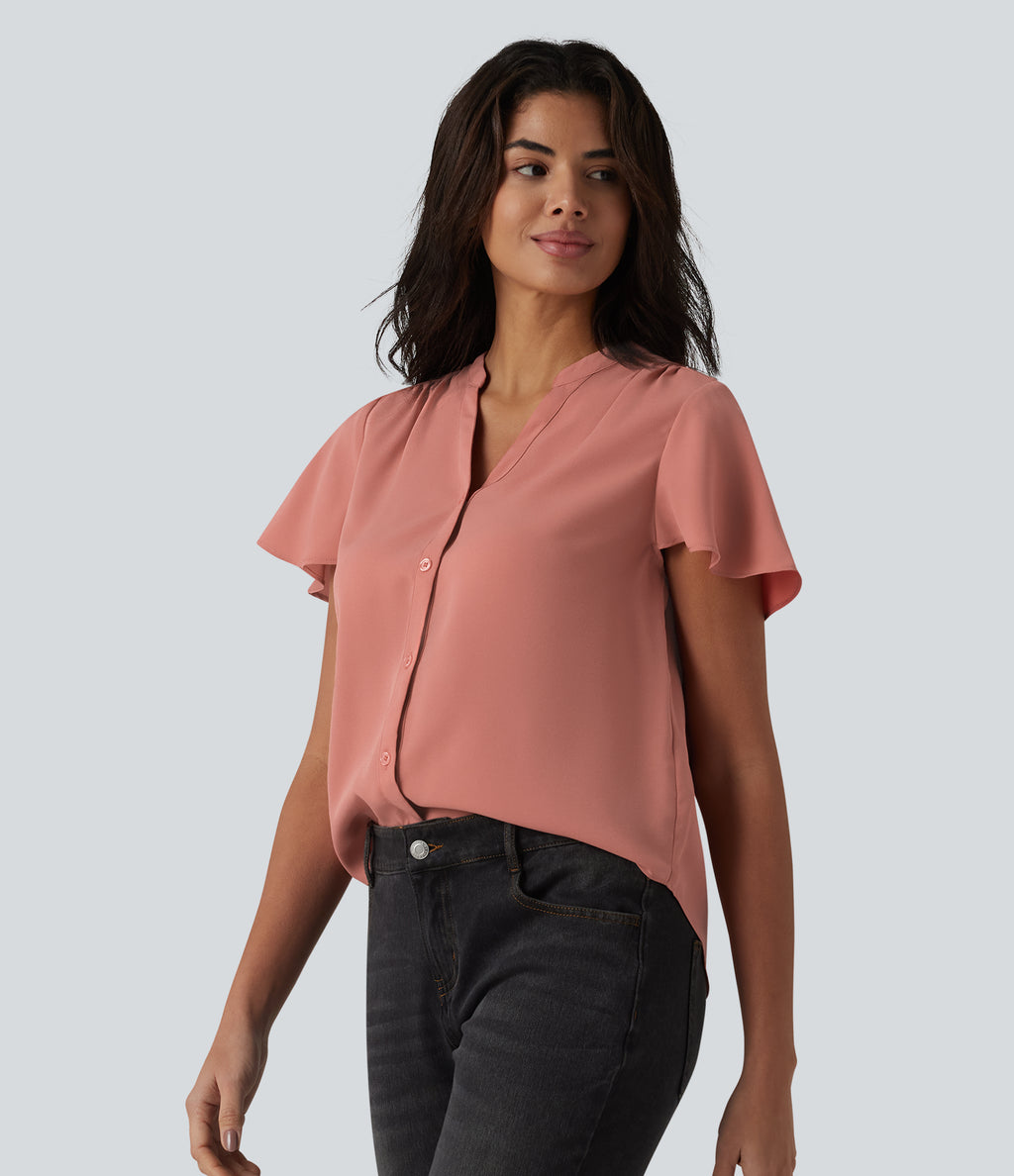 V-neck Flounce Sleeve Curved Hem Casual Blouse — Terra Cotta Pink — view 3