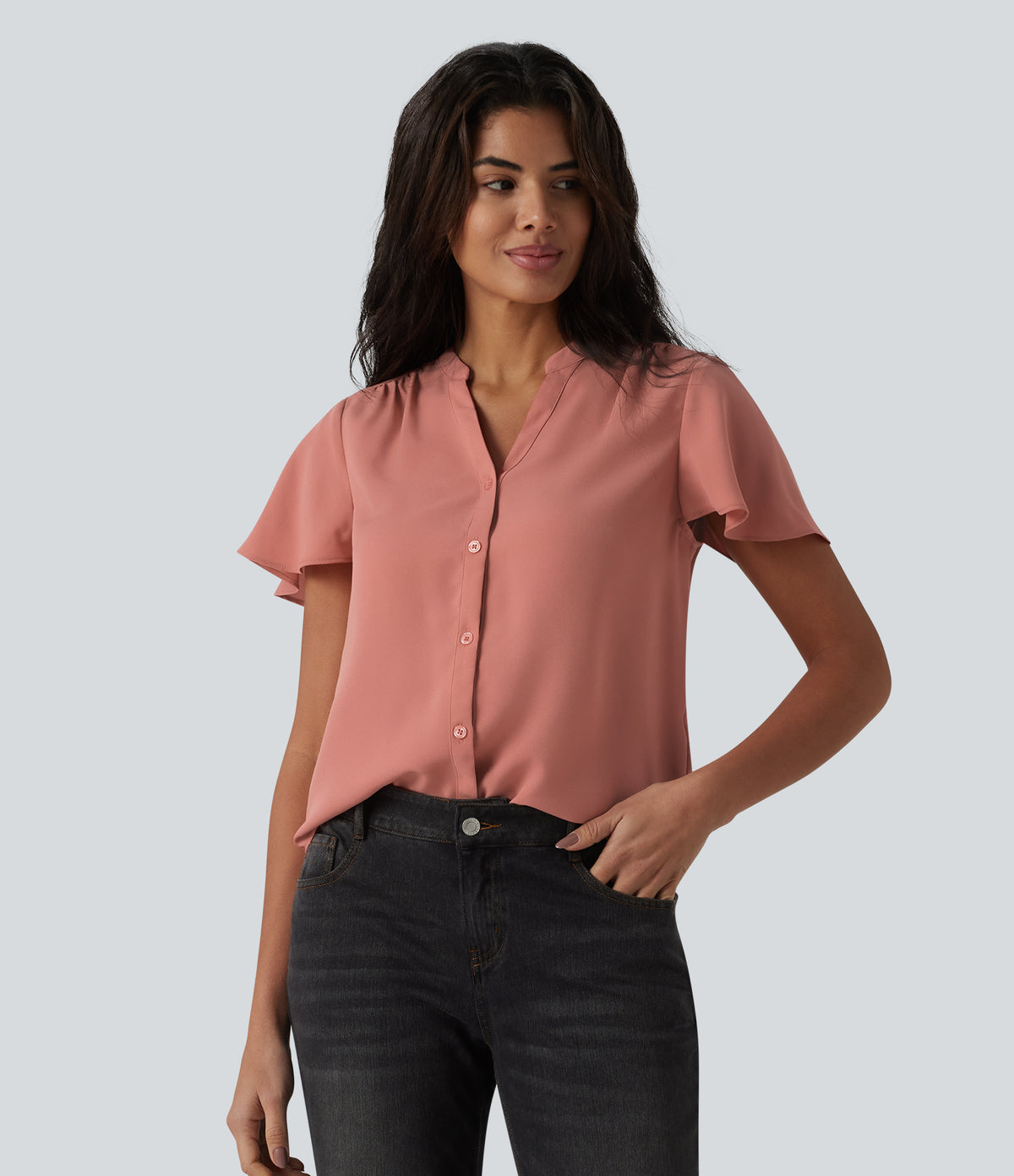 V-neck Flounce Sleeve Curved Hem Casual Blouse — Terra Cotta Pink — view 1