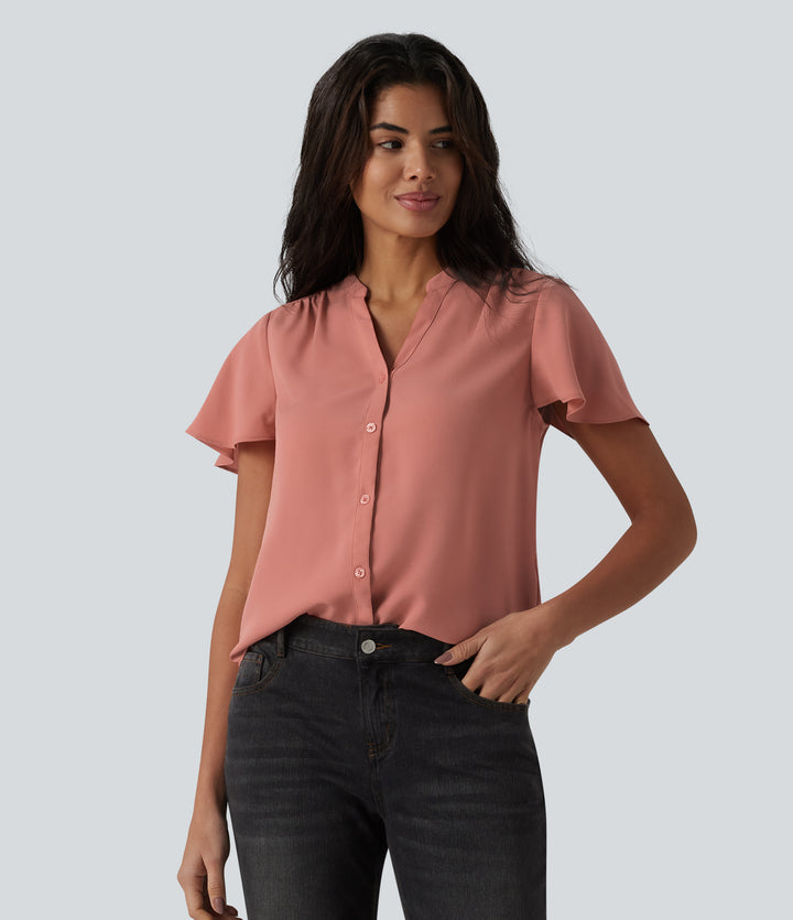 V-neck Flounce Sleeve Curved Hem Casual Blouse — Terra Cotta Pink — view 1