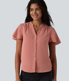 V-neck Flounce Sleeve Curved Hem Casual Blouse — Terra Cotta Pink — view 5
