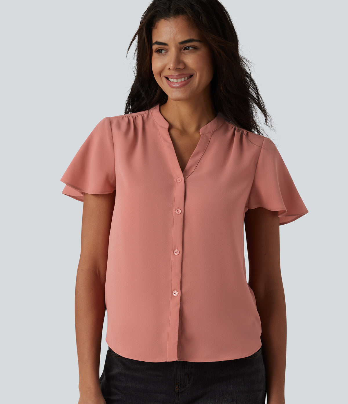 V-neck Flounce Sleeve Curved Hem Casual Blouse — Terra Cotta Pink — view 5