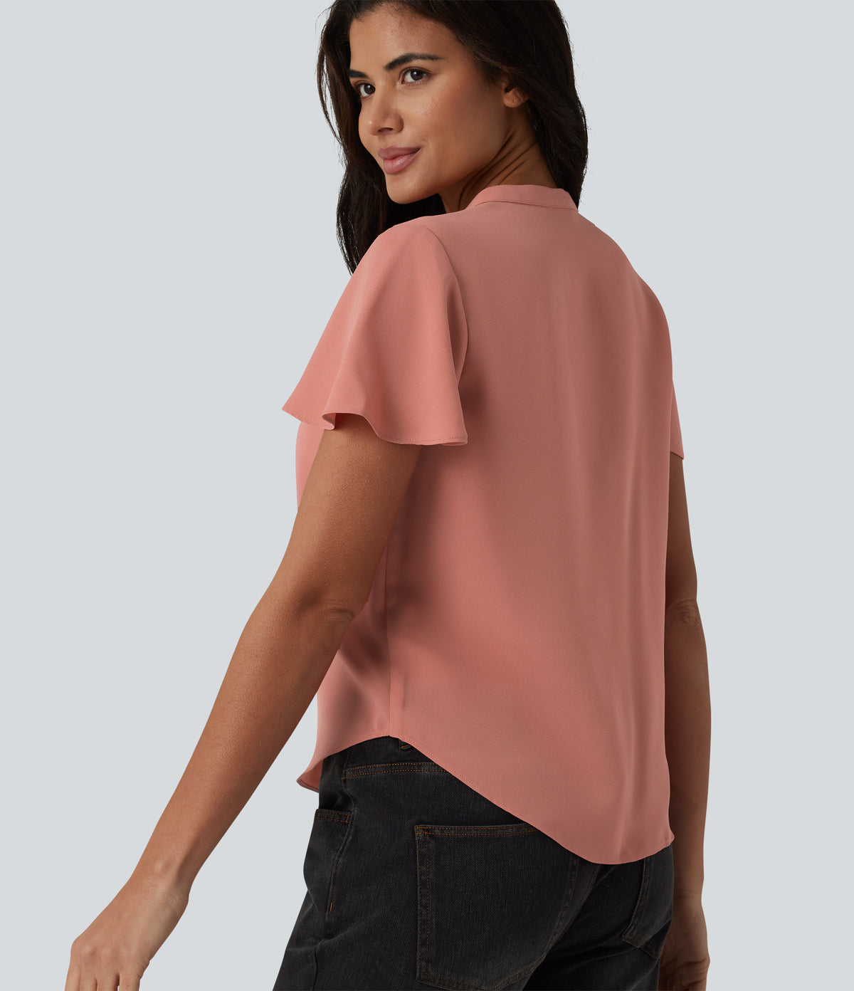 V-neck Flounce Sleeve Curved Hem Casual Blouse — Terra Cotta Pink — view 6
