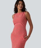 Boat Neck Sleeveless Gingham Mini Casual Dress with Pockets — Cherry Crush — view 5