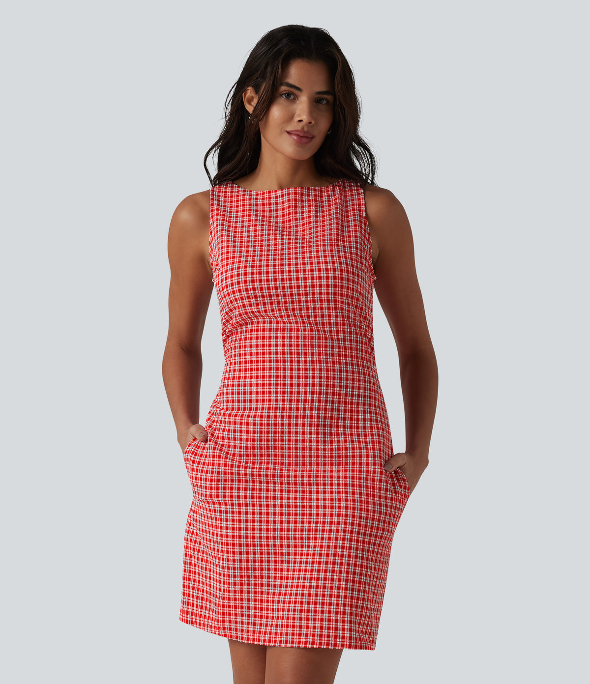 Boat Neck Sleeveless Gingham Mini Casual Dress with Pockets — Cherry Crush — view 1
