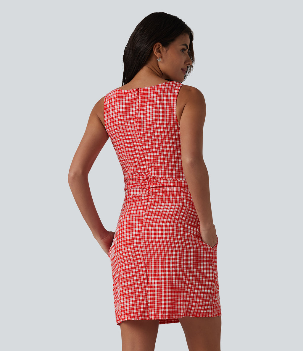 Boat Neck Sleeveless Gingham Mini Casual Dress with Pockets — Cherry Crush — view 2