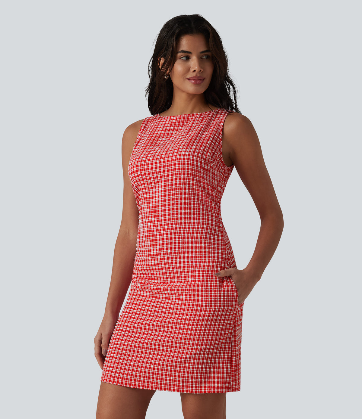 Boat Neck Sleeveless Gingham Mini Casual Dress with Pockets — Cherry Crush — view 3