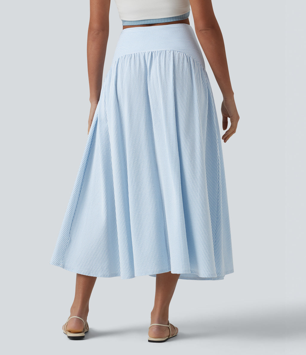 High Waisted Midi Stripes Crinkle Cotton Casual Flowy Skirt with Pockets — Cloud Weave Light Blue Stripe — view 2