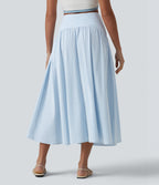 High Waisted Midi Stripes Crinkle Cotton Casual Flowy Skirt with Pockets — Cloud Weave Light Blue Stripe — view 2