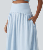High Waisted Midi Stripes Crinkle Cotton Casual Flowy Skirt with Pockets — Cloud Weave Light Blue Stripe — view 4