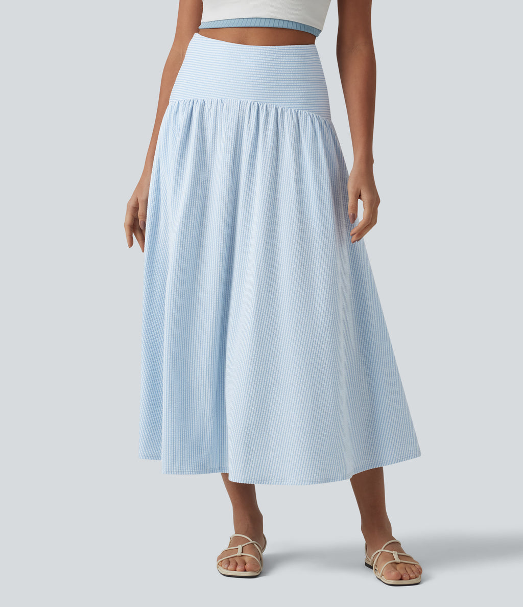 High Waisted Midi Stripes Crinkle Cotton Casual Flowy Skirt with Pockets — Cloud Weave Light Blue Stripe — view 3