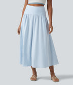 High Waisted Midi Stripes Crinkle Cotton Casual Flowy Skirt with Pockets — Cloud Weave Light Blue Stripe — view 3