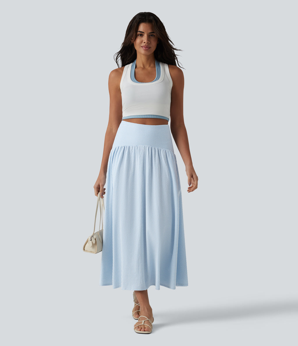 High Waisted Midi Stripes Crinkle Cotton Casual Flowy Skirt with Pockets — Cloud Weave Light Blue Stripe — view 5