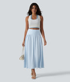 High Waisted Midi Stripes Crinkle Cotton Casual Flowy Skirt with Pockets — Cloud Weave Light Blue Stripe — view 5
