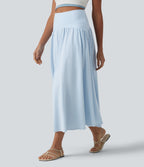 High Waisted Midi Stripes Crinkle Cotton Casual Flowy Skirt with Pockets — Cloud Weave Light Blue Stripe — view 1