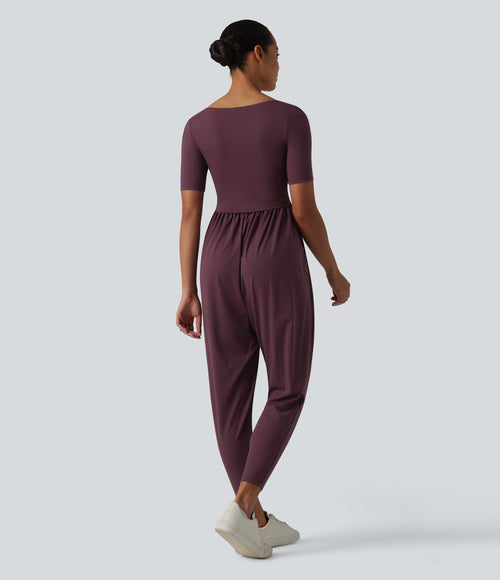 Airy Scoop Neck Short Sleeve Built-in Bra InstantCool Casual Jumpsuit with Pockets-Edition — Fig — view 2