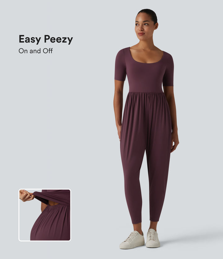 Airy Scoop Neck Short Sleeve Built-in Bra InstantCool Casual Jumpsuit with Pockets-Edition — Fig — view 1