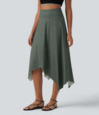 High Waisted Hanky Hem Stripe Flowy Midi Casual Skirt — Verdelume Fade — view 3
