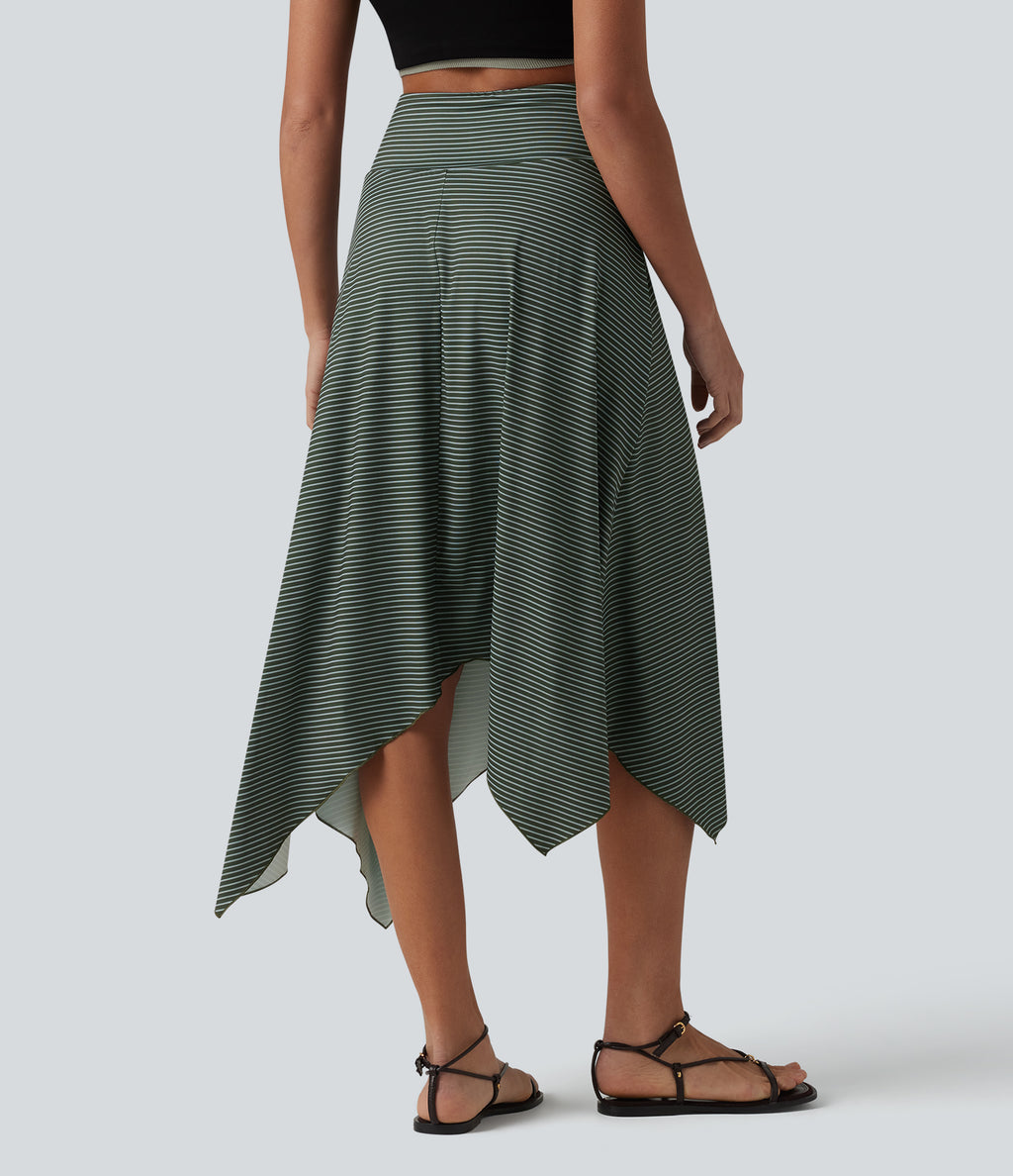 High Waisted Hanky Hem Stripe Flowy Midi Casual Skirt — Verdelume Fade — view 2