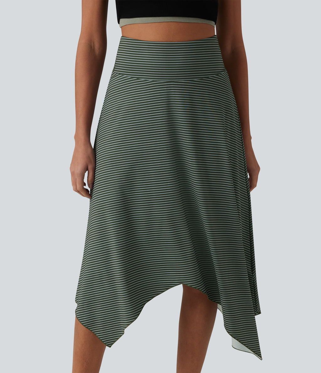 High Waisted Hanky Hem Stripe Flowy Midi Casual Skirt — Verdelume Fade — view 4