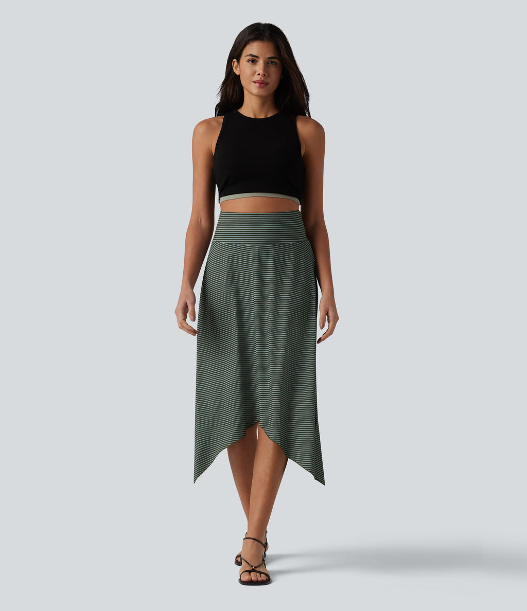 High Waisted Hanky Hem Stripe Flowy Midi Casual Skirt — Verdelume Fade — view 5