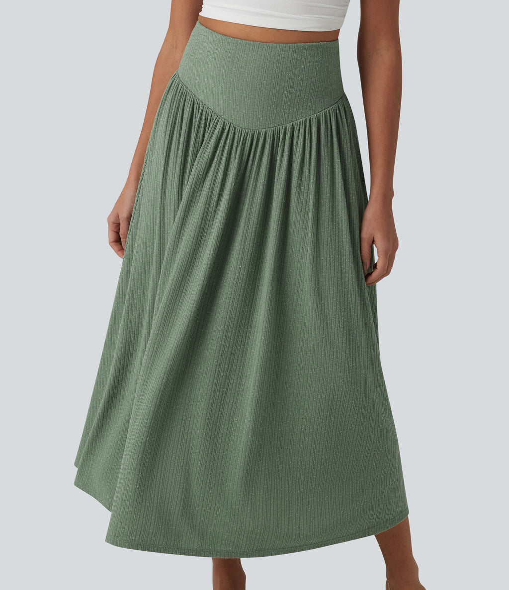 Ribbed Knit High Waisted Tummy Control Flowy Midi Casual Linen-Blend Skirt — Sage Green Ribbed — view 4