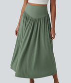 Ribbed Knit High Waisted Tummy Control Flowy Midi Casual Linen-Blend Skirt — Sage Green Ribbed — view 4