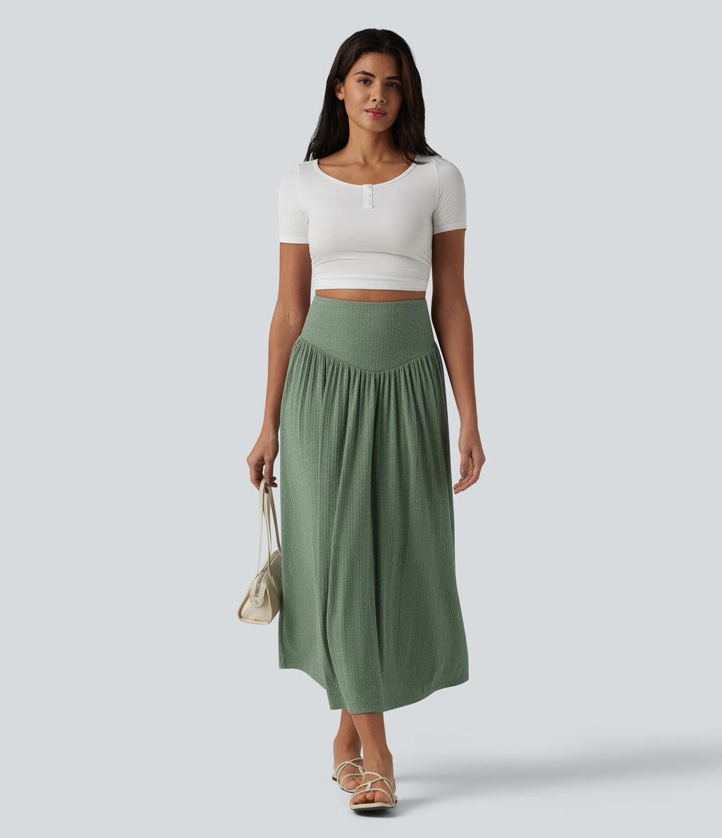 Ribbed Knit High Waisted Tummy Control Flowy Midi Casual Linen-Blend Skirt — Sage Green Ribbed — view 5