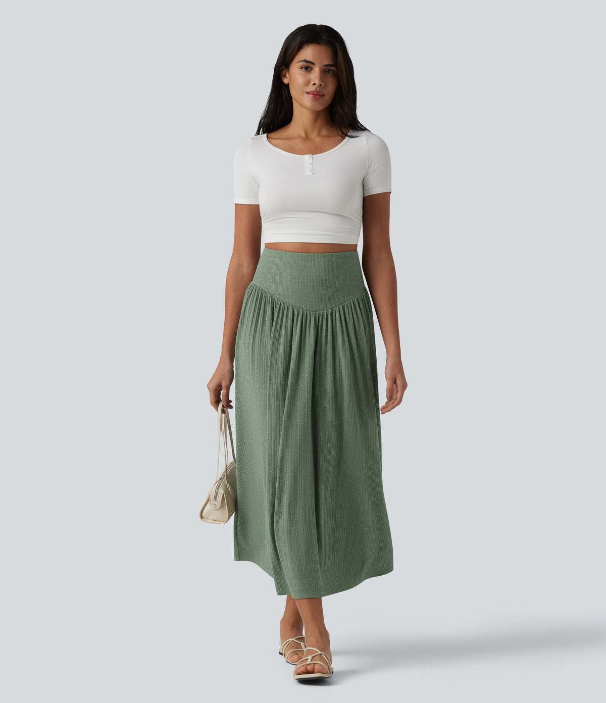 Ribbed Knit High Waisted Tummy Control Flowy Midi Casual Linen-Blend Skirt — Sage Green Ribbed — view 5