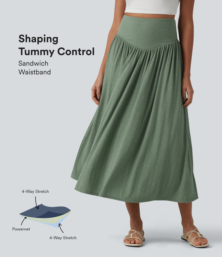 Ribbed Knit High Waisted Tummy Control Flowy Midi Casual Linen-Blend Skirt — Sage Green Ribbed — view 1
