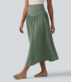Ribbed Knit High Waisted Tummy Control Flowy Midi Casual Linen-Blend Skirt — Sage Green Ribbed — view 3